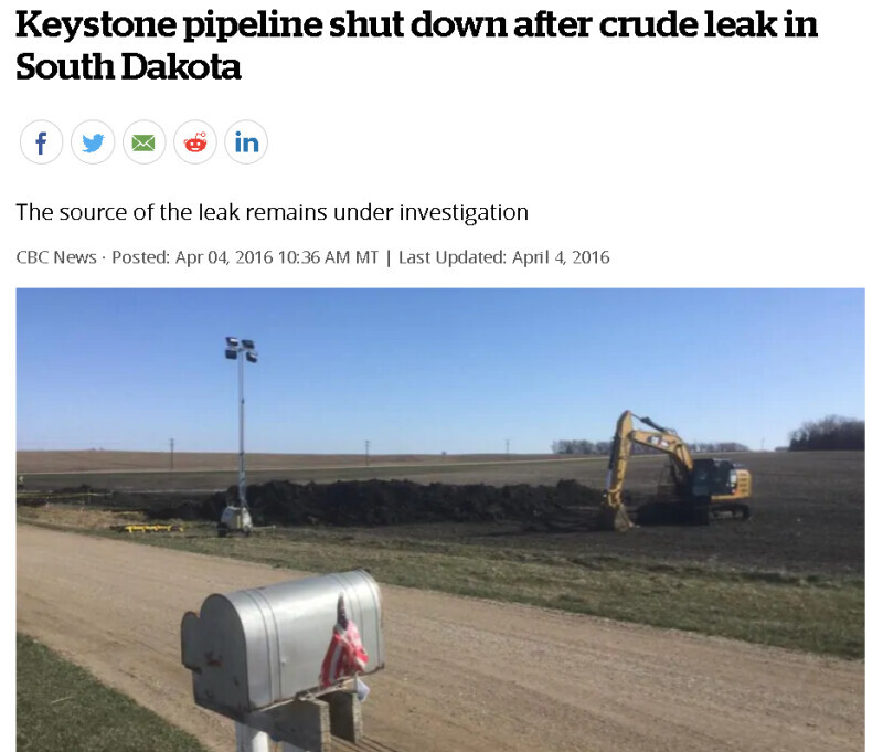 △加拿大廣播公司2016年4月報導基石輸油管項目在南達科他州發生洩漏事故